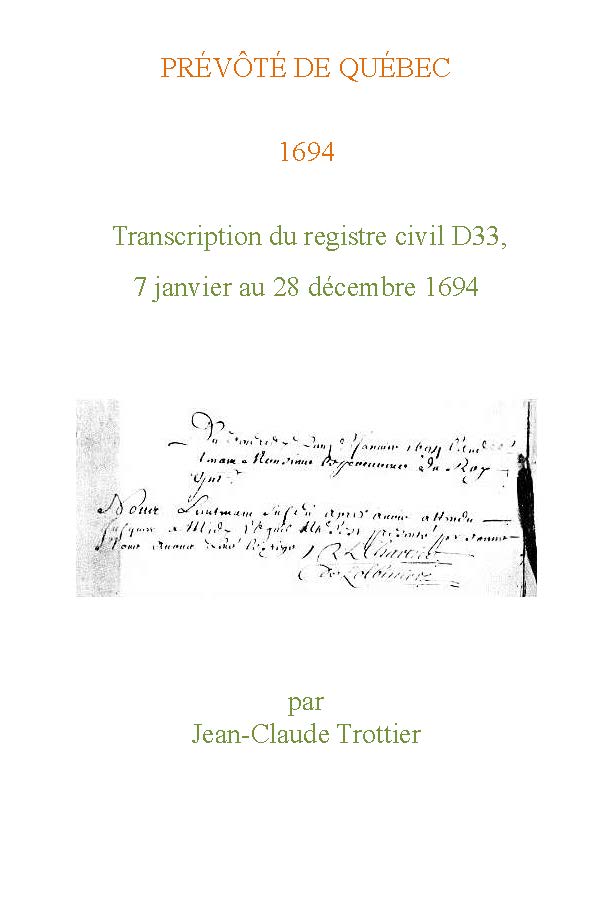 Image de Prévôté de Québec 1694 – Transcription du registre civil D33, 7 janvier au 28 décembre 1694